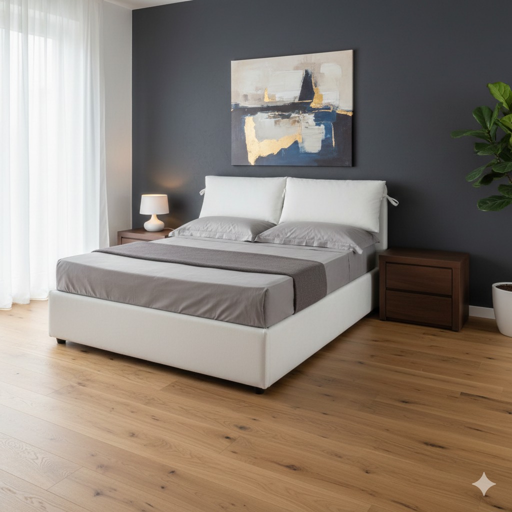 Letto TOLOSA, interamente sfoderabile, con rete a doghe munita di doppio sostegno centrale. Disponibile con o senza box contenitore ed in diversi colori e misure.