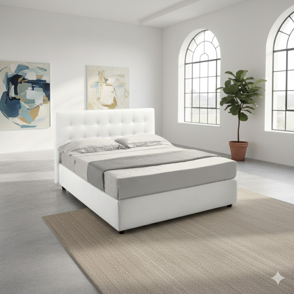 Letto LIONE, parzialmente sfoderabile, con rete a doghe munita di doppio sostegno centrale. Disponibile con o senza box contenitore ed in diversi colori e misure.