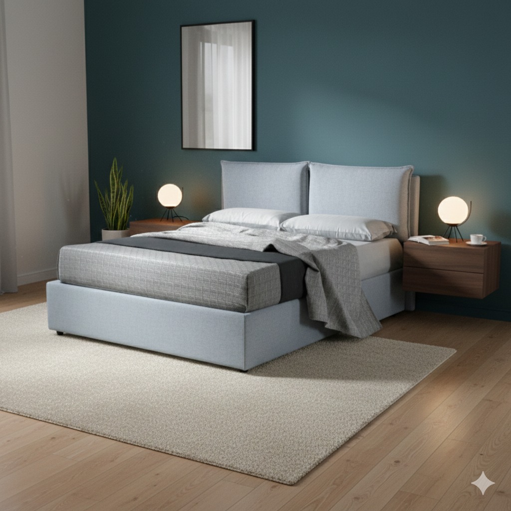 Letto LICIA, interamente sfoderabile, con rete a doghe munita di doppio sostegno centrale. Disponibile con o senza box contenitore ed in diversi colori e misure. I cuscini sono rimovibili e regolabili in altezza.